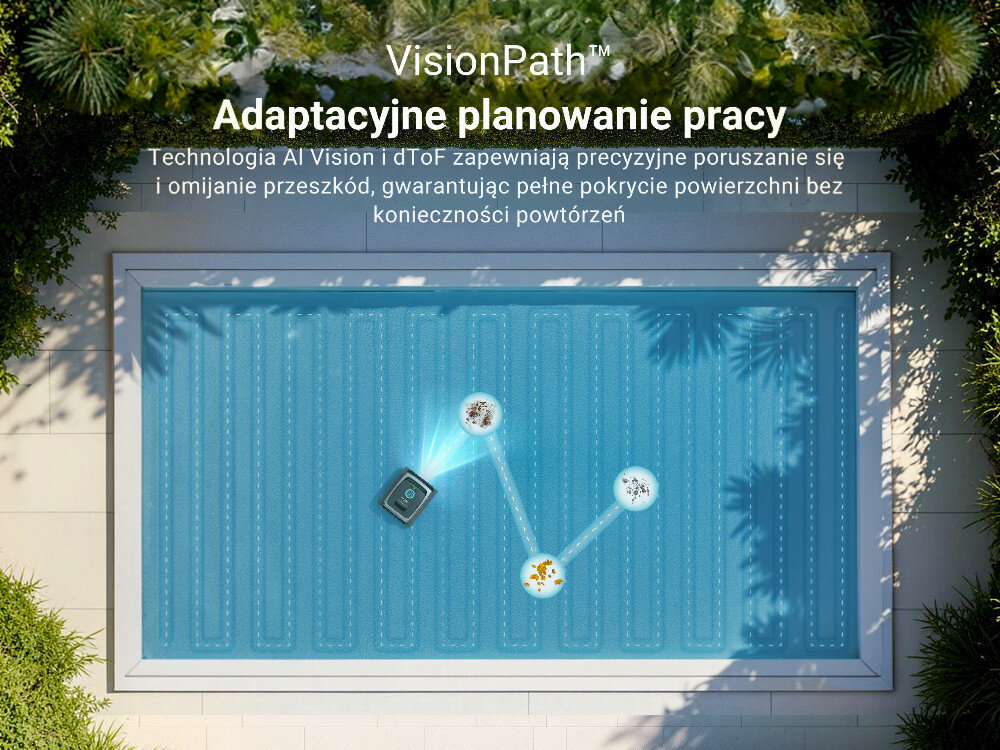 Robot do czyszczenia basenów AIPER Scuba V3, Nawigacja, czujniki, trasa, dokładność, Widok z góry na trasę czyszczenia dna basenu.