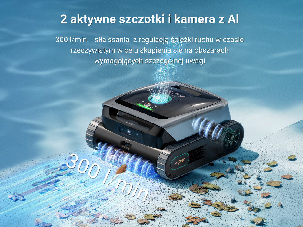 Robot do czyszczenia basenów AIPER Scuba V3, Szczotki, ssanie, wydajność, zabrudzenia, Urządzenie wciągające liście i osady z dna basenu.