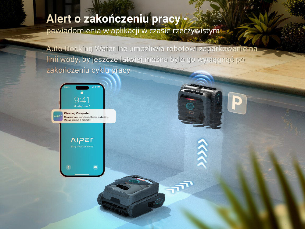 Robot do czyszczenia basenów AIPER Scuba V3, Aplikacja, powiadomienia, wygoda, kontrola, Robot basenowy parkujący przy brzegu po zakończeniu mycia.