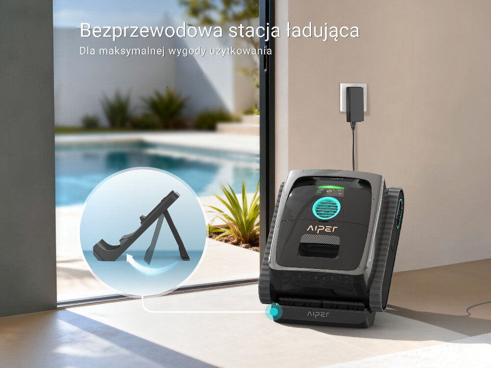 Robot do czyszczenia basenów AIPER Scuba V3, Ładowanie, stacja, wygoda, przechowywanie, Urządzenie basenowe w bezprzewodowej stacji ładującej.