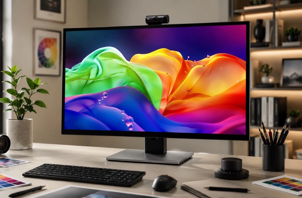 Monitor ACER ProCreator PE320QXTbmiiphcuzx Monitor stojący na biurku z włączonym kolorowym ekranem, na którym widać faliste kształty, a na górnej ramce zamontowana jest kamera internetowa