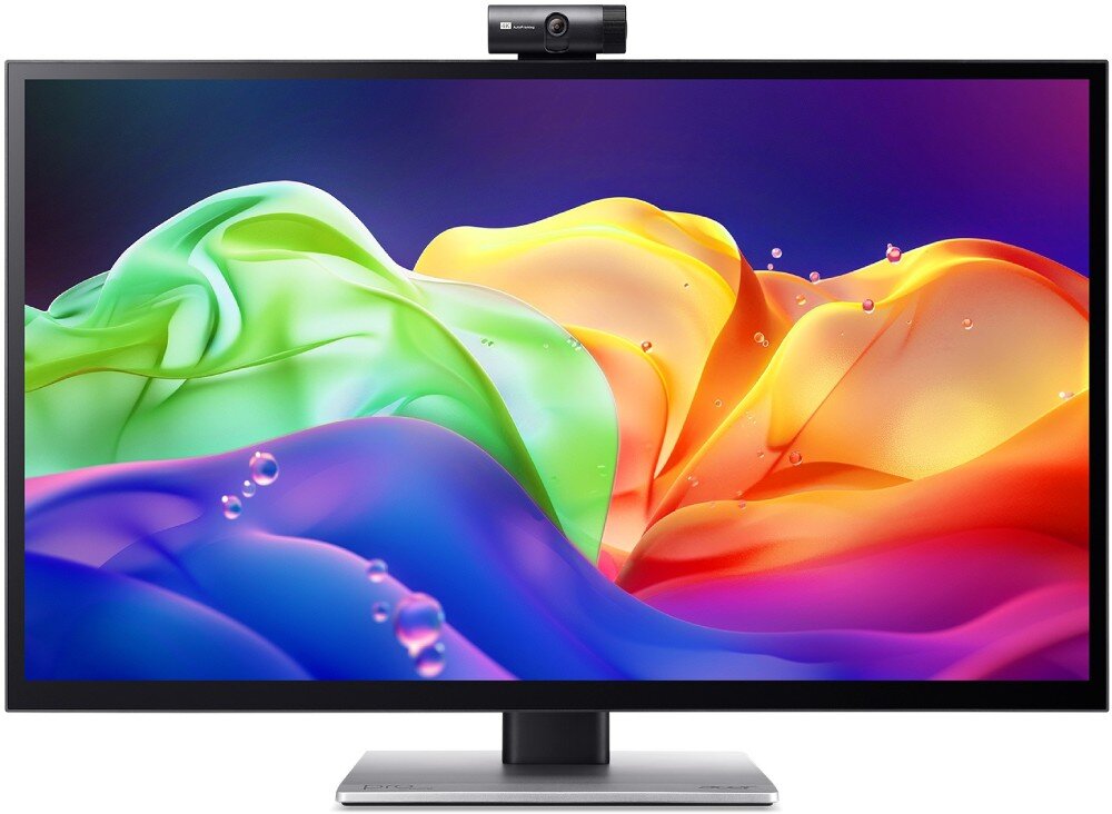 Monitor ACER ProCreator PE320QXTbmiiphcuzx Monitor komputerowy pokazany od przodu z włączonym ekranem przedstawiającym wielobarwne fale i z zamontowaną na środku górnej ramki kamerą