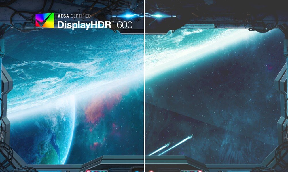 Monitor ACER ProCreator PE320QXTbmiiphcuzx Grafika porównawcza podzielona na pół, pokazująca różnicę w jasności i detalu kosmicznego widoku z certyfikatem 'DisplayHDR 600' po lewej stronie