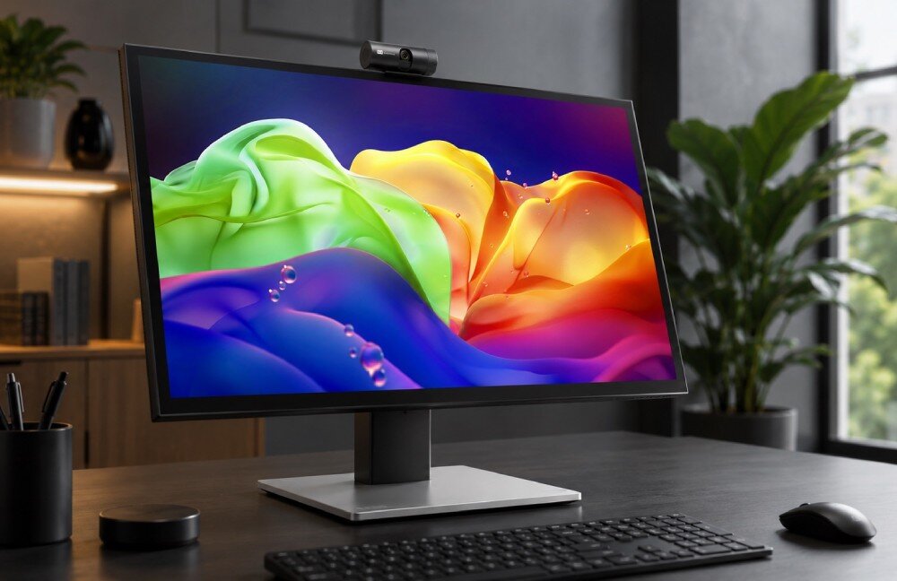 Monitor ACER ProCreator PE320QXTbmiiphcuzx Monitor z kamerą internetową ustawiony pod kątem na biurku, na którym leżą także klawiatura oraz mysz komputerowa