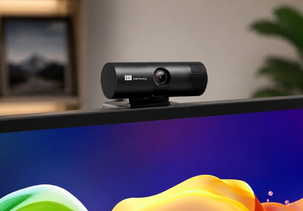 Monitor ACER ProCreator PE320QXTbmiiphcuzx Zbliżenie na kamerę internetową zamontowaną na górnej krawędzi ekranu z widocznym napisem '8K Auto-Framing' obok obiektywu