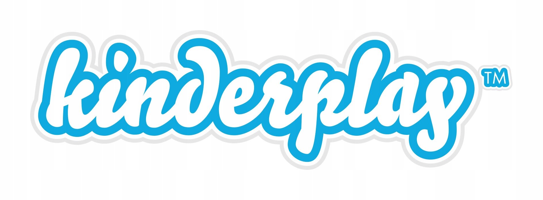 Logo z napisem \'kinderplay\' w niebieskim kolorze z białym obramowaniem.