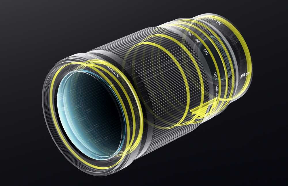 Obraz przedstawia obiektyw fotograficzny z widocznymi oznaczeniami ogniskowych od 28 do 400 mm. Na obiektywie widoczne jest logo \'Nikon\'.