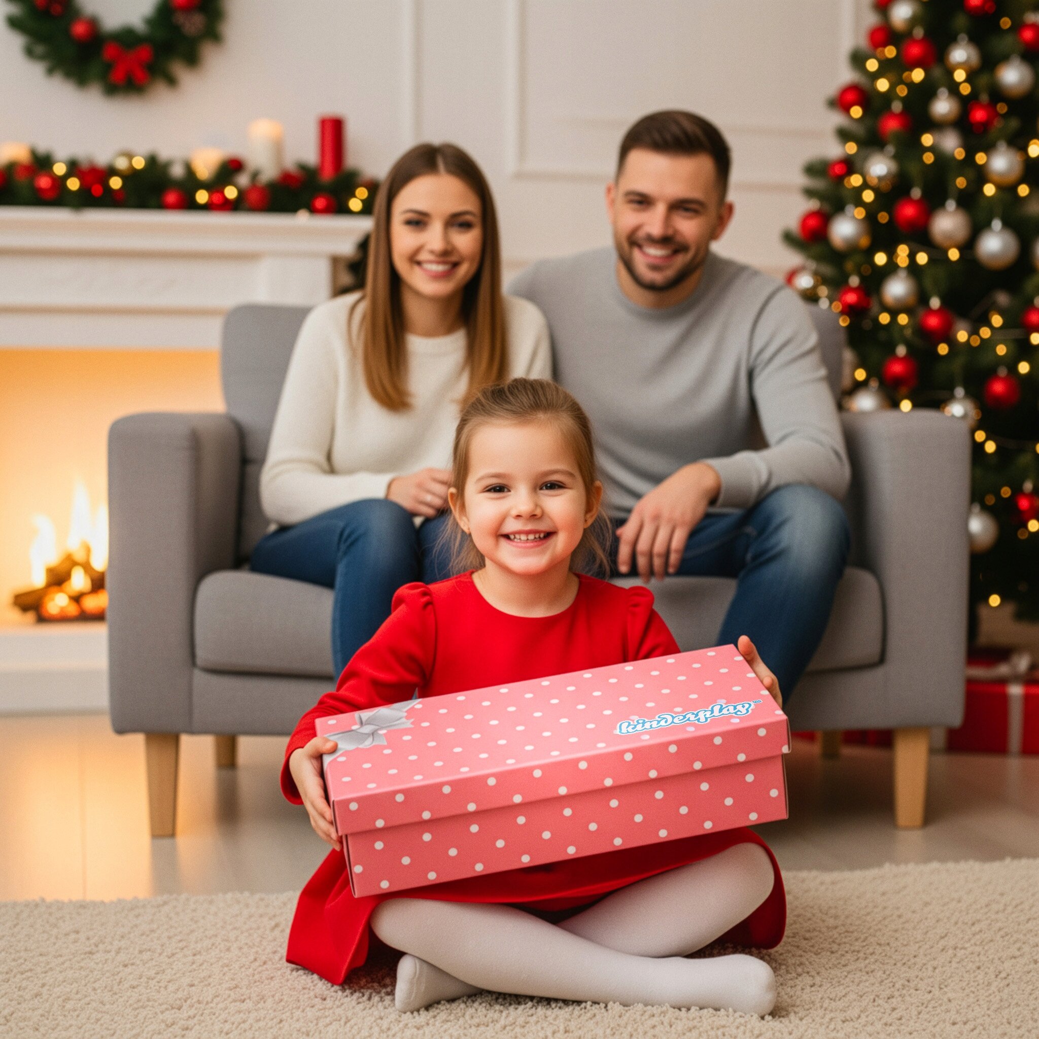 Dziewczynka w czerwonej sukience trzyma różowe pudełko w białe kropki z napisem \'Baby Born\'. W tle widać choinkę i kominek z dekoracjami świątecznymi.