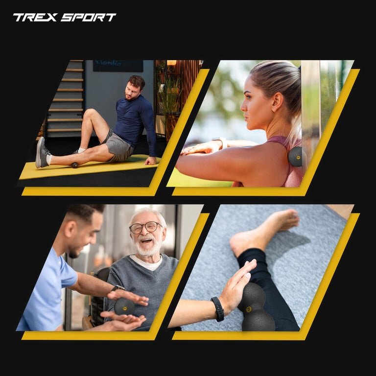 Cztery zdjęcia przedstawiające osoby używające zestawu do masażu TREX SPORT, w tym wałek, piłkę i duoball. Logo TREX SPORT widoczne w lewym górnym rogu.