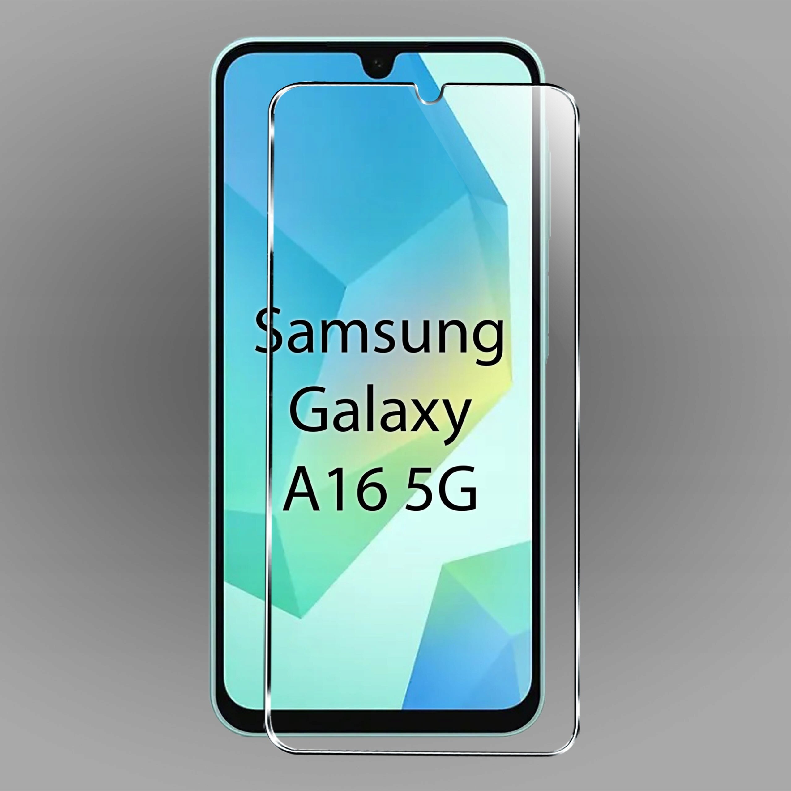 Na zdjęciu widoczny jest telefon z napisem \'Samsung Galaxy A16 5G\' oraz przezroczyste szkło ochronne na ekranie. Tło jest jednolite i szare.