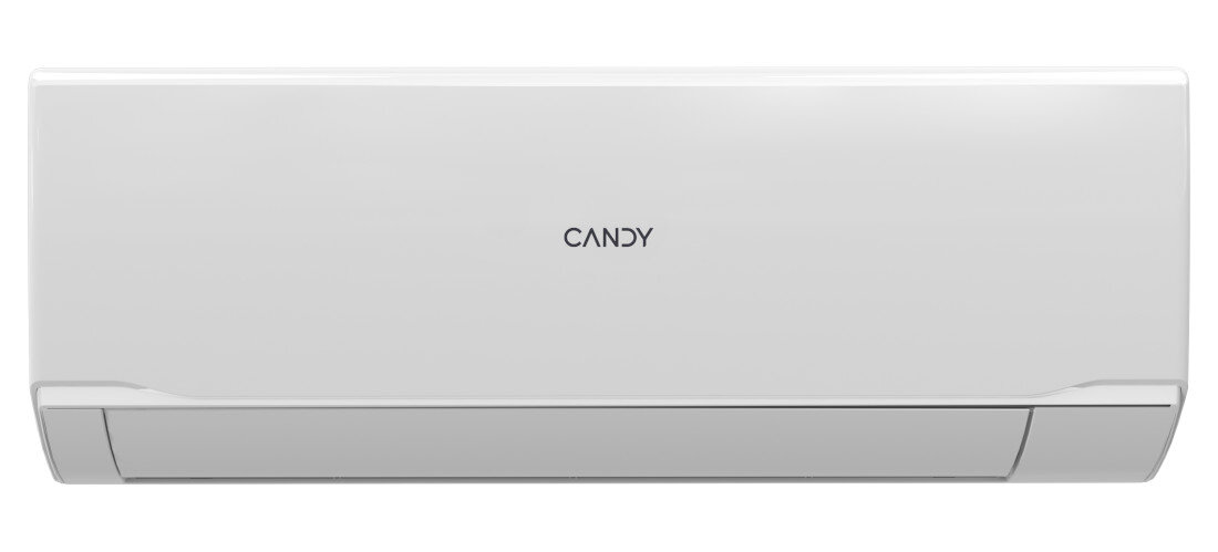 Biały klimatyzator ścienny z widocznym logo \'CANDY\' na środku przedniego panelu.