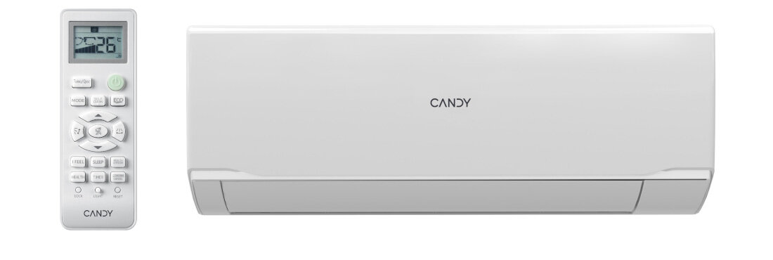 Na obrazie widoczny jest biały klimatyzator z logo \'CANDY\' oraz pilot z wyświetlaczem pokazującym \'22.6°C\'.