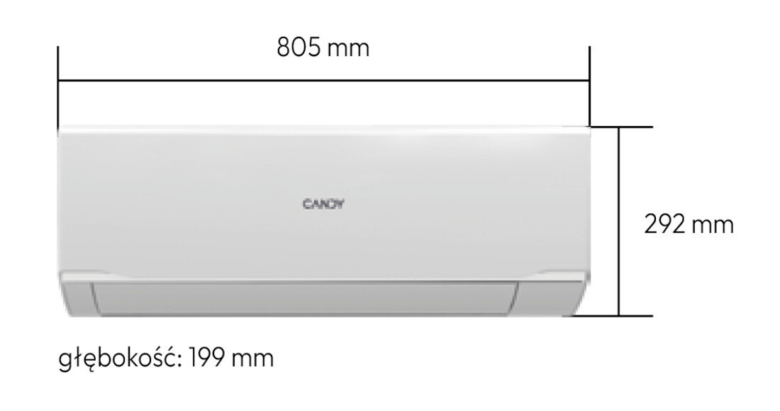 Na obrazie widoczny jest biały klimatyzator z logo \'CANDY\', o wymiarach 805 mm szerokości, 292 mm wysokości i 199 mm głębokości.