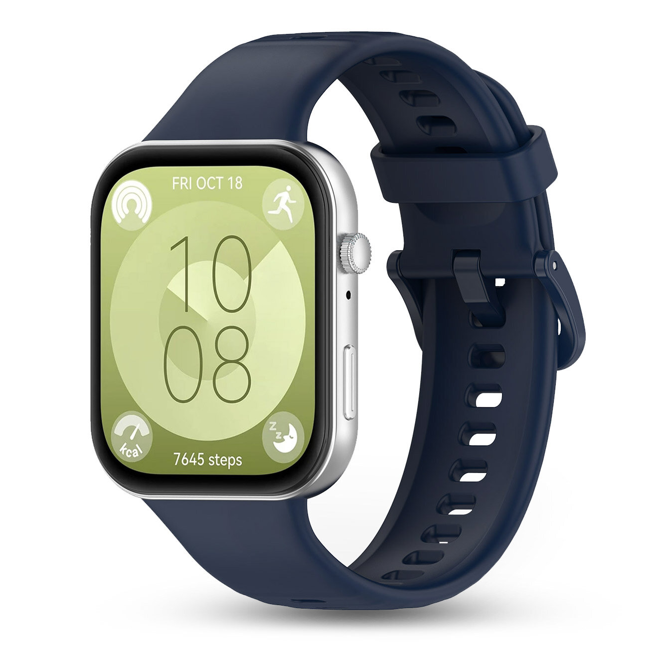 Smartwatch z silikonowym paskiem w kolorze granatowym, wyświetlający na ekranie datę \'FRI OCT 18\' oraz liczbę kroków \'7645 steps\'.