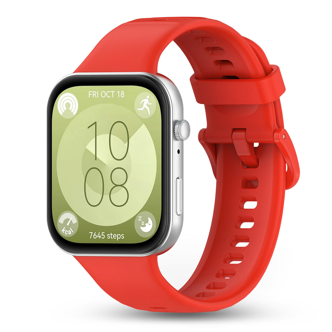 Smartwatch z czerwonym silikonowym paskiem, wyświetlający na ekranie datę \'FRI OCT 18\' oraz liczbę kroków \'7645 steps\'.