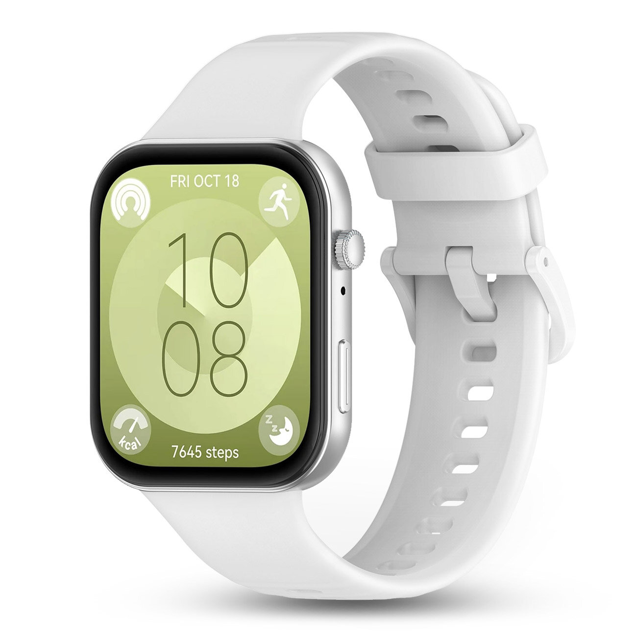 Na obrazie widoczny jest smartwatch z białym silikonowym paskiem. Na ekranie zegarka wyświetlana jest data \'FRI OCT 18\' oraz liczba \'10:08\', a poniżej napis \'7645 steps\'.