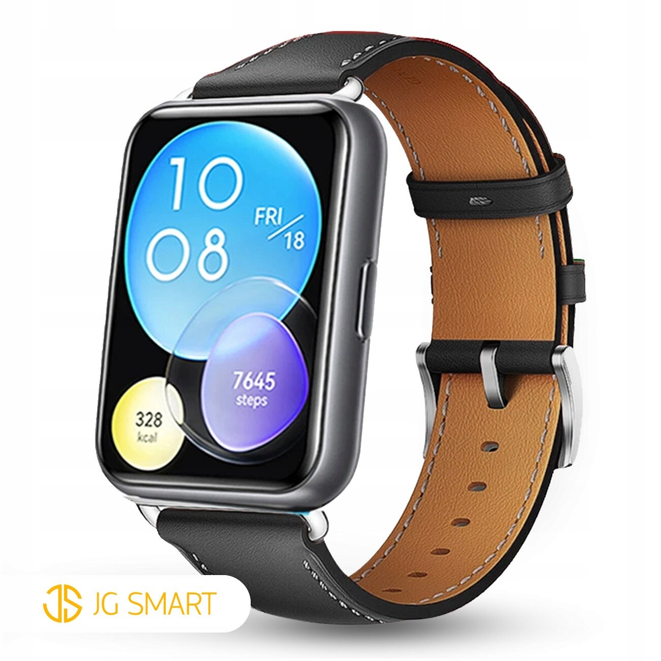 Smartwatch z wyświetlaczem pokazującym czas, datę i liczbę kroków, zamocowany na czarnym skórzanym pasku z brązowym wnętrzem. Logo JG SMART widoczne w lewym dolnym rogu.