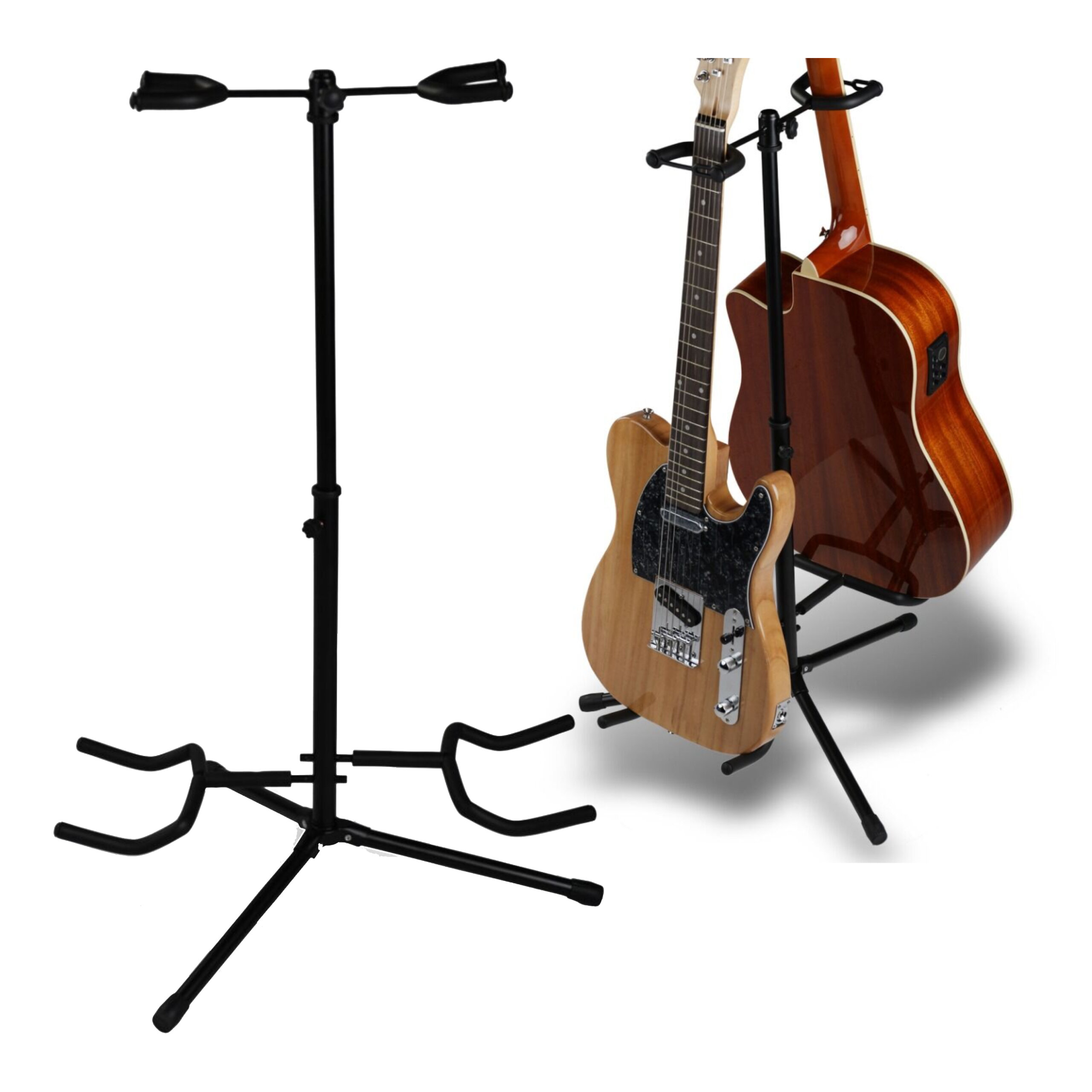 Czarny, stalowy stojak na dwie gitary, z jedną gitarą elektryczną i jedną akustyczną umieszczonymi na nim. Stojak jest składany i wolnostojący.
