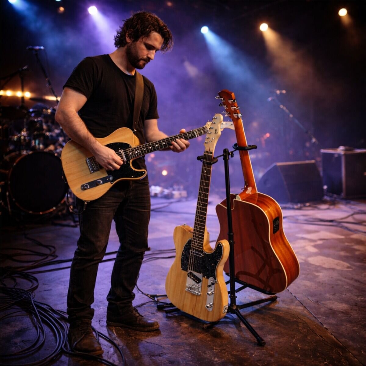 Na scenie stoi mężczyzna grający na gitarze elektrycznej, obok niego znajduje się stojak na dwie gitary z jedną gitarą elektryczną i jedną akustyczną. W tle widać oświetlenie sceniczne i sprzęt muzyczny.
