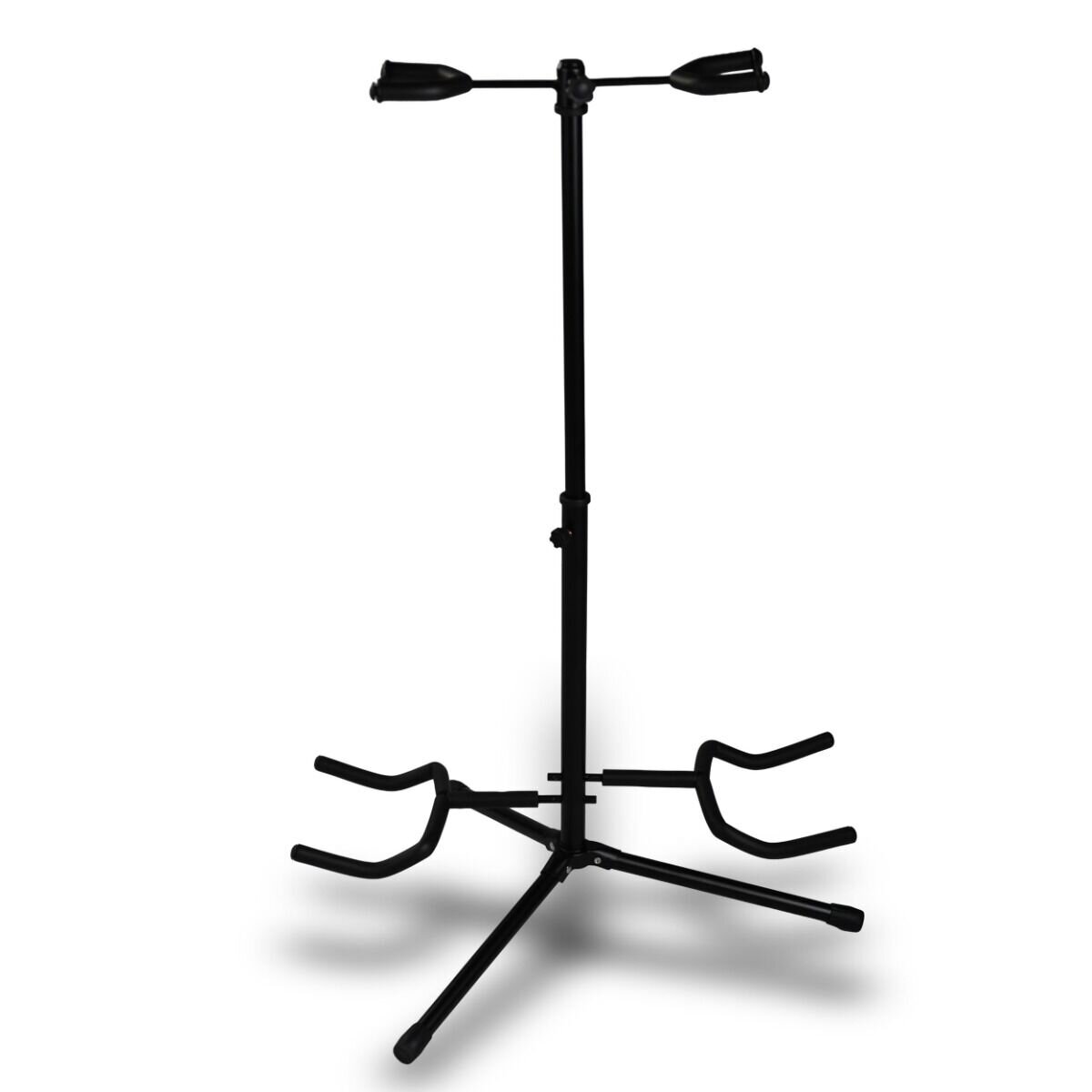 Czarny, stalowy stojak gitarowy na dwie gitary, z trzema nogami i uchwytami na instrumenty. Konstrukcja jest składana i wolnostojąca.