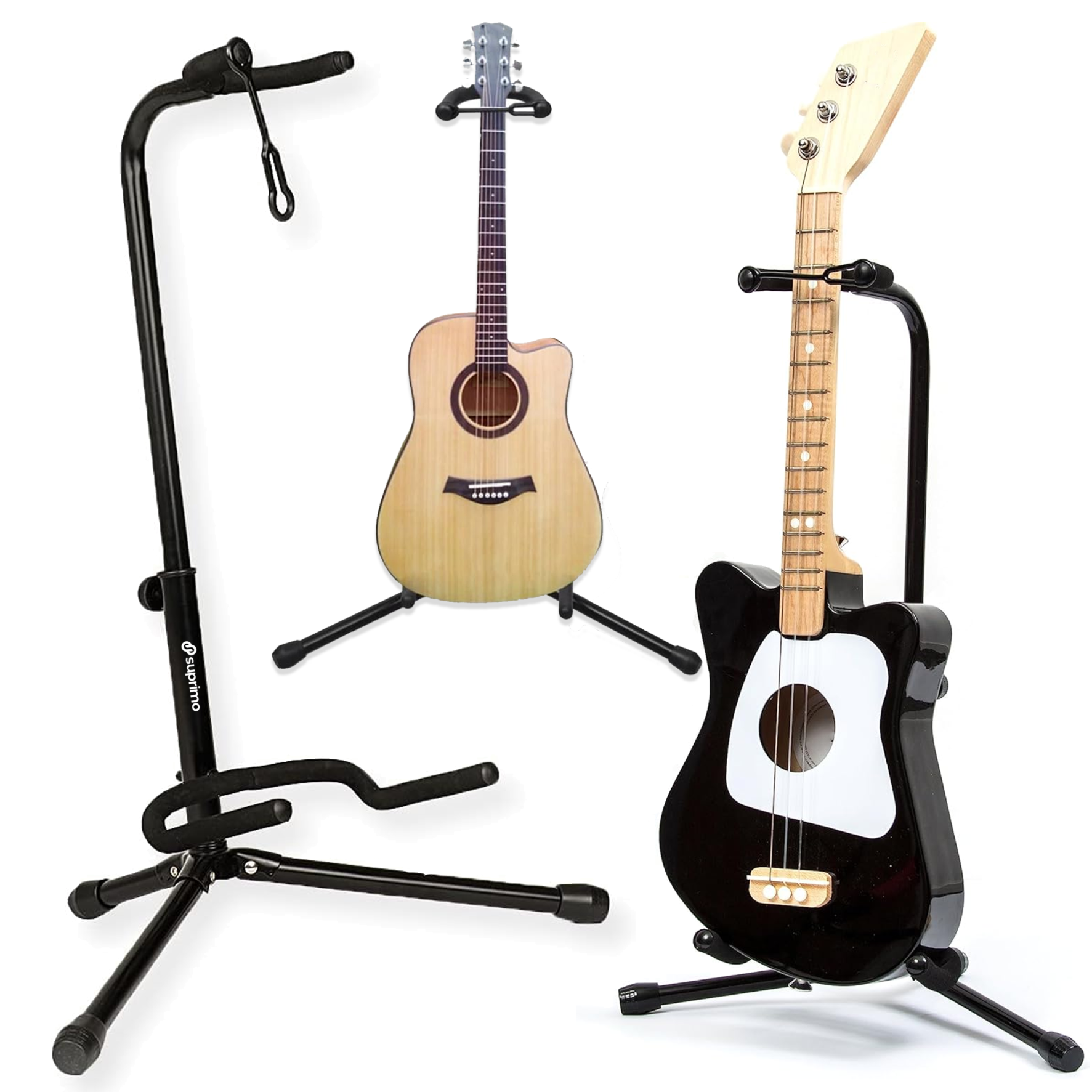 Na obrazie widoczne są dwa stojaki gitarowe z gitarami oraz jeden pusty stojak. Na stojaku po lewej stronie widnieje logo \'Suprimo\'.