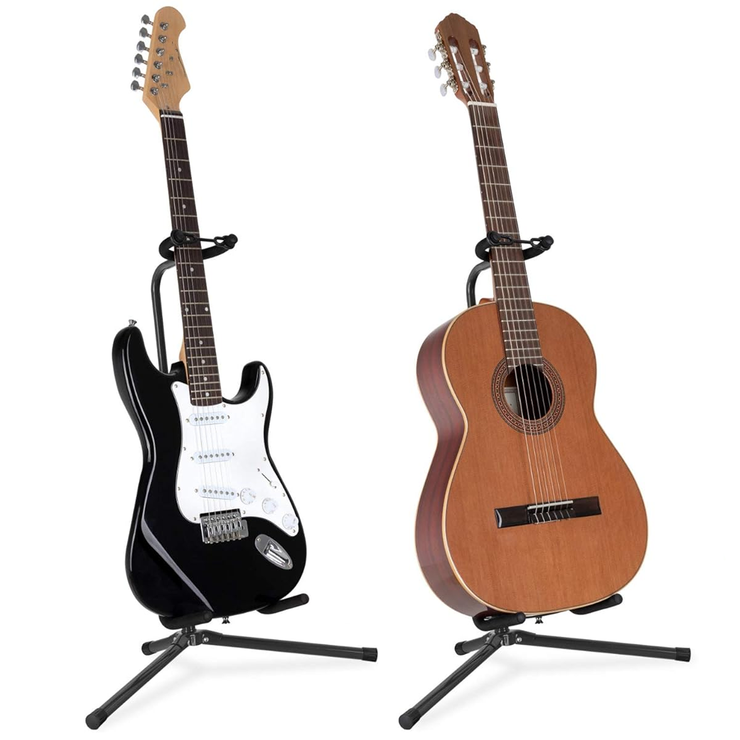 Na obrazie widoczne są dwa stojaki na gitary, jeden z czarną gitarą elektryczną, a drugi z klasyczną gitarą akustyczną. Oba stojaki mają trójnożną podstawę i uchwyt zabezpieczający instrumenty.