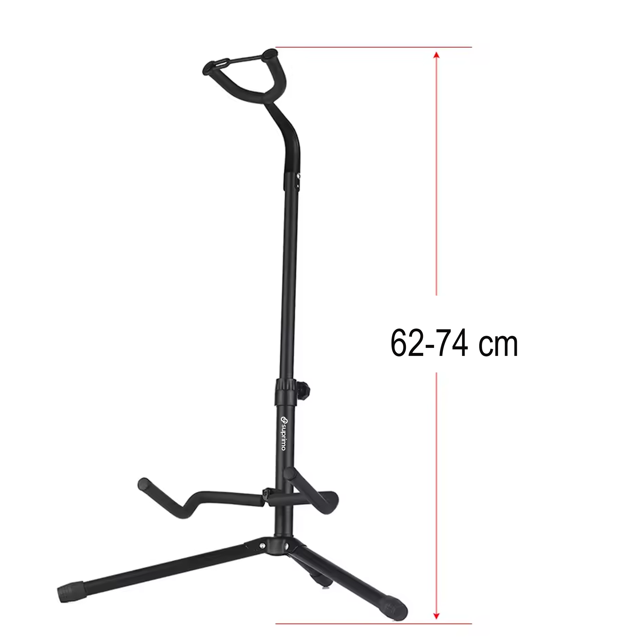 Czarny statyw gitarowy z regulowaną wysokością od 62 do 74 cm, posiadający logo \'Suprimo\'.