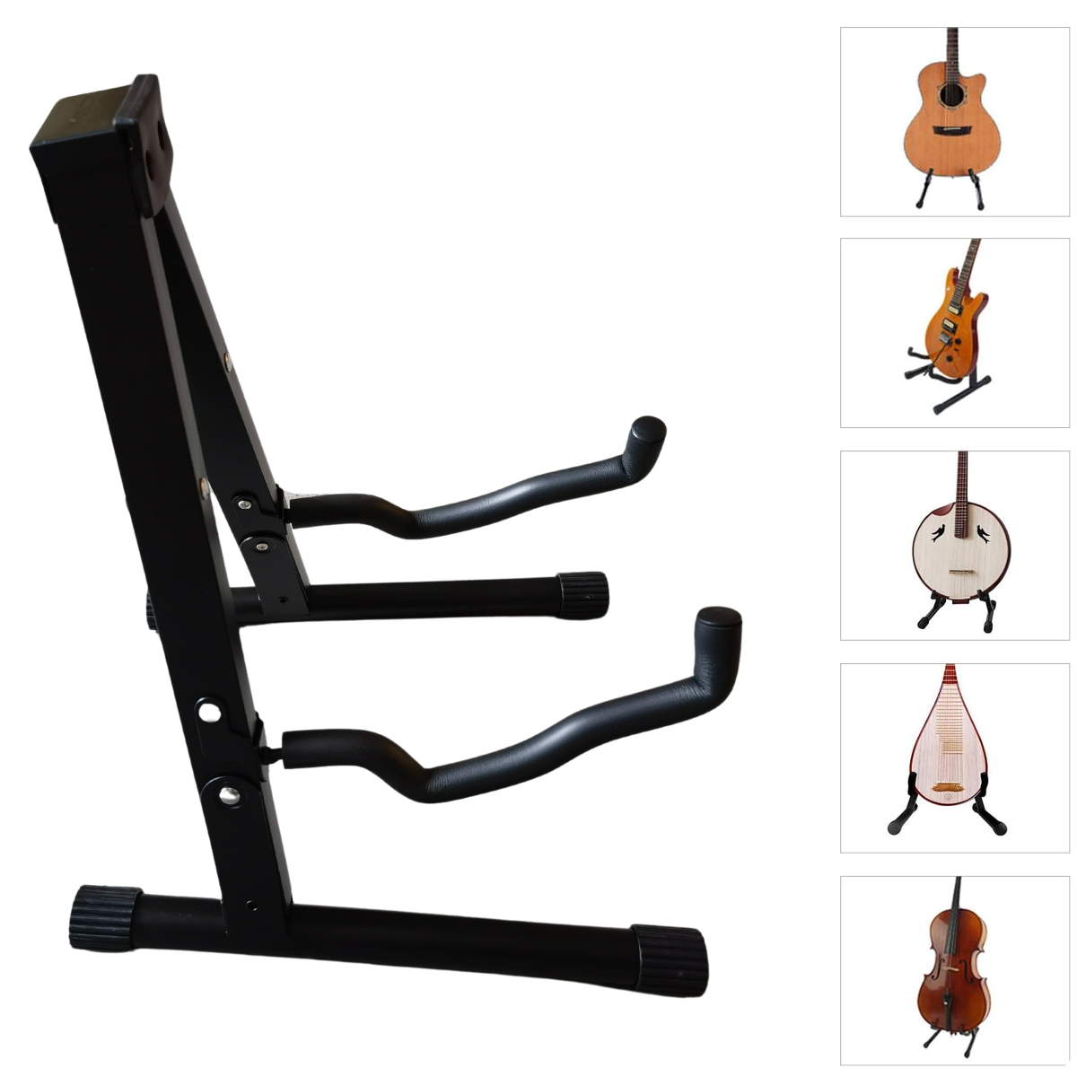 Czarny, składany statyw gitarowy typu A z dwoma ramionami podtrzymującymi. Obok widoczne są miniatury instrumentów muzycznych umieszczonych na podobnych statywach.
