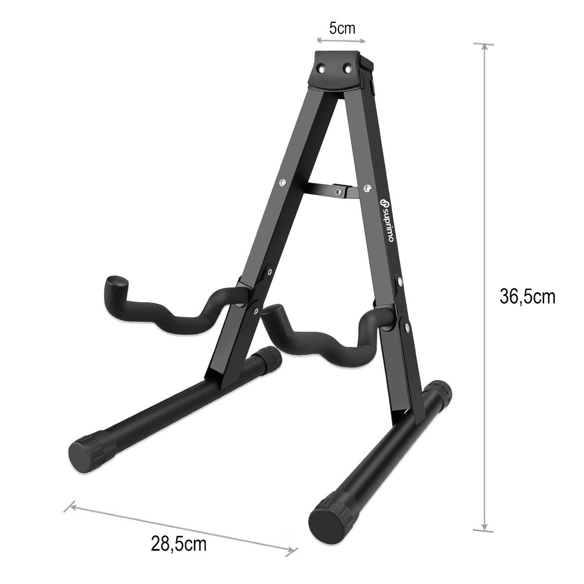 Czarny, składany statyw gitarowy typu A z logo \'Suprimo\', o wymiarach 36,5 cm wysokości i 28,5 cm szerokości. Widoczne są gumowe uchwyty i metalowa konstrukcja.