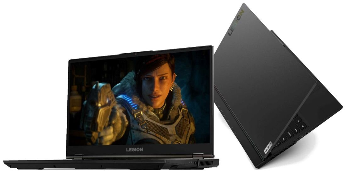 Na obrazie widoczny jest otwarty laptop z ekranem wyświetlającym postać z gry oraz zamknięty laptop z widocznym logo \'Legion\'.