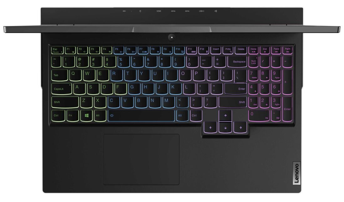 Widok z góry na klawiaturę laptopa z podświetleniem RGB. Na obudowie widoczne jest logo \'Lenovo\'.