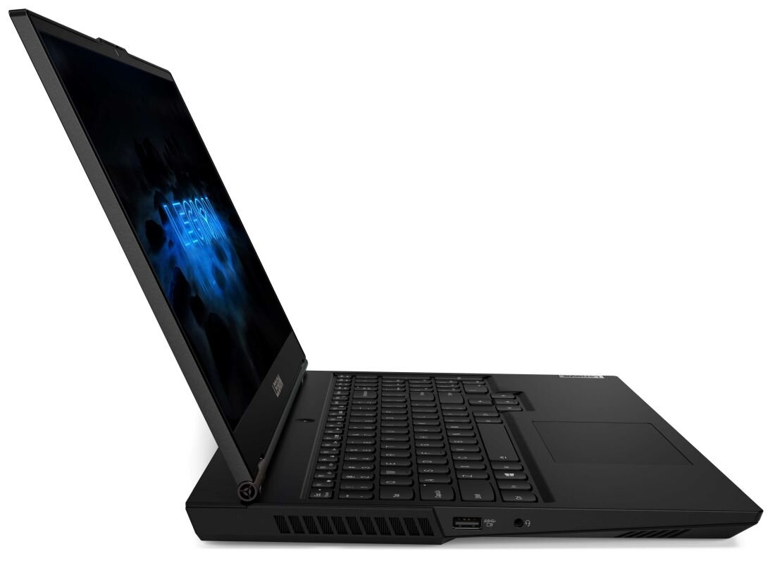 Laptop z otwartym ekranem, na którym widoczny jest napis \'LEGION\'. Klawiatura i touchpad są dobrze widoczne, obudowa jest w kolorze czarnym.