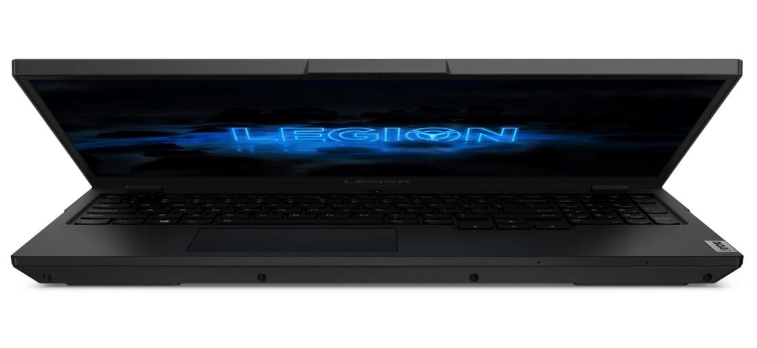 Czarny laptop z częściowo otwartym ekranem, na którym widoczny jest napis \'LEGION\' z niebieskim podświetleniem. Na obudowie znajduje się logo producenta.