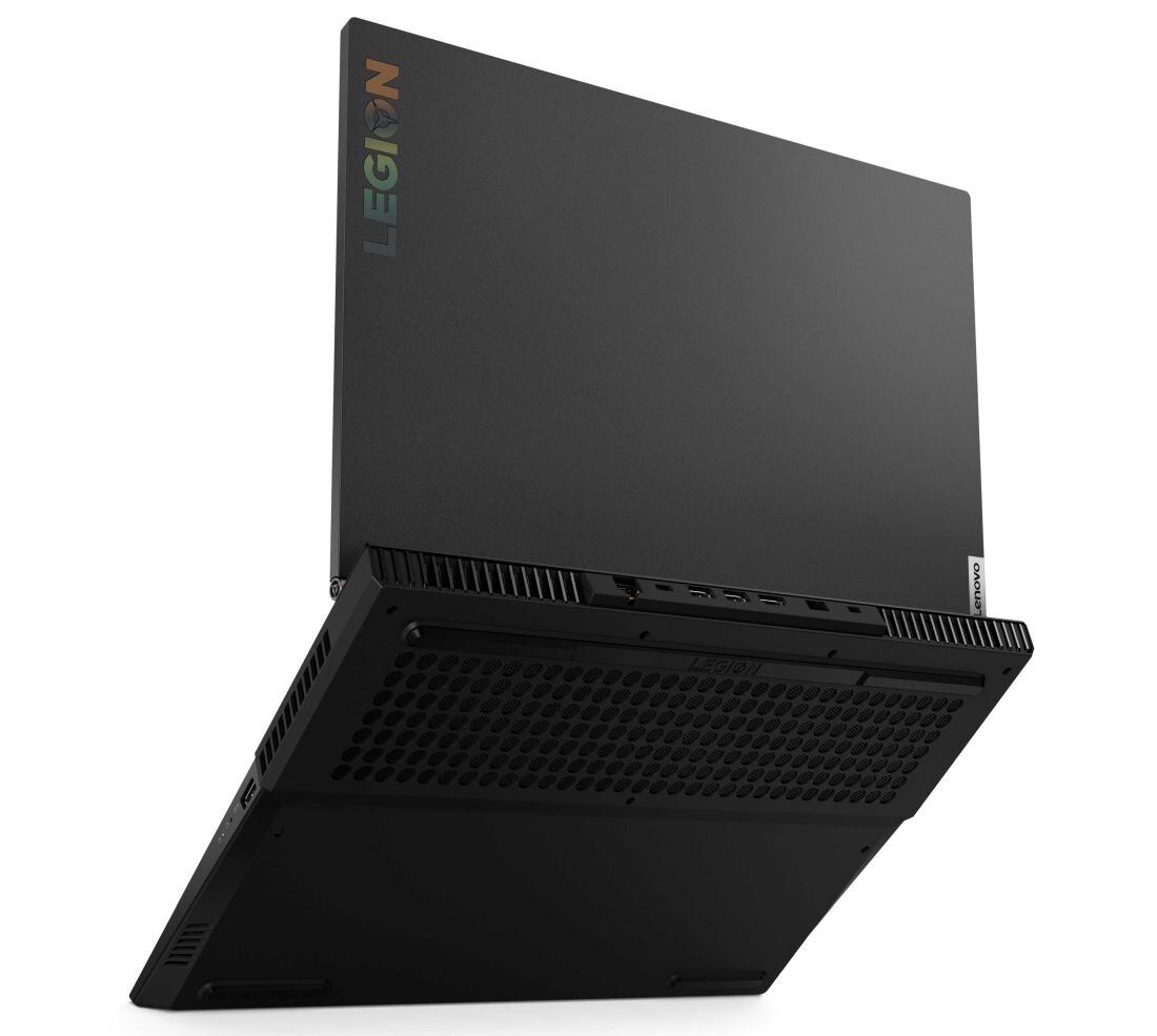Czarny laptop z widocznym logo \'LEGION\' na pokrywie. Widoczna jest również kratka wentylacyjna i kilka portów na tylnej krawędzi urządzenia.