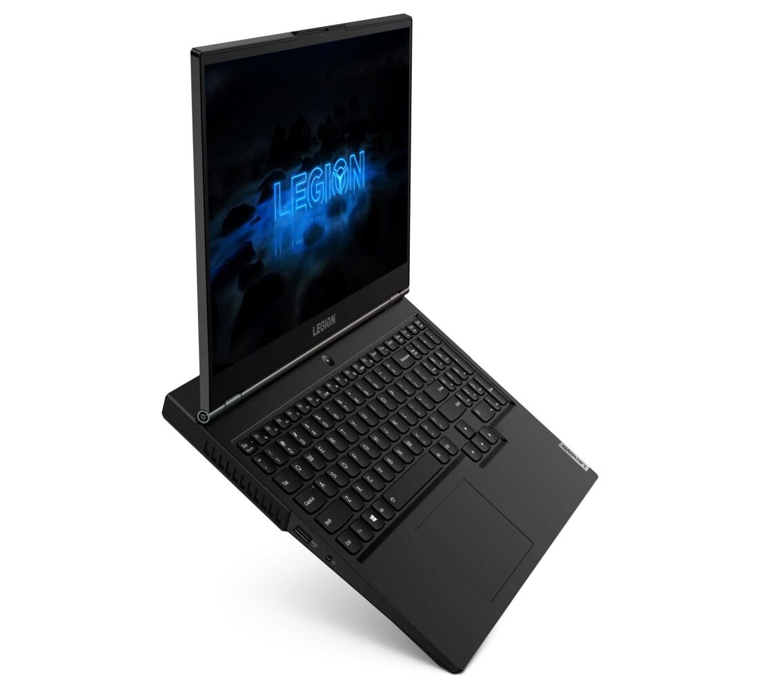 Laptop z otwartym ekranem, na którym widoczny jest napis \'LEGION\'. Klawiatura jest pełnowymiarowa, a obudowa ma ciemny kolor.