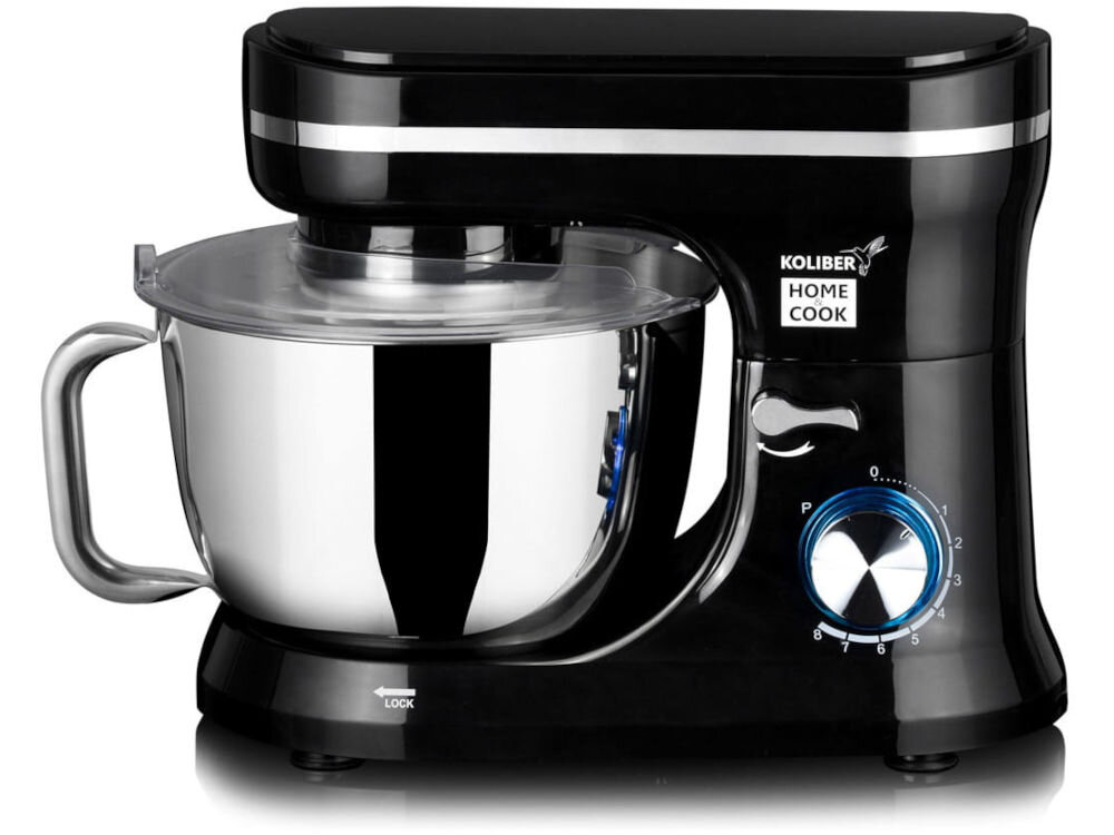 Czarny robot kuchenny planetarny z metalową misą i pokrętłem z oznaczeniami od 0 do 6. Na obudowie widoczne jest logo \'KOLIBER HOME COOK\'.