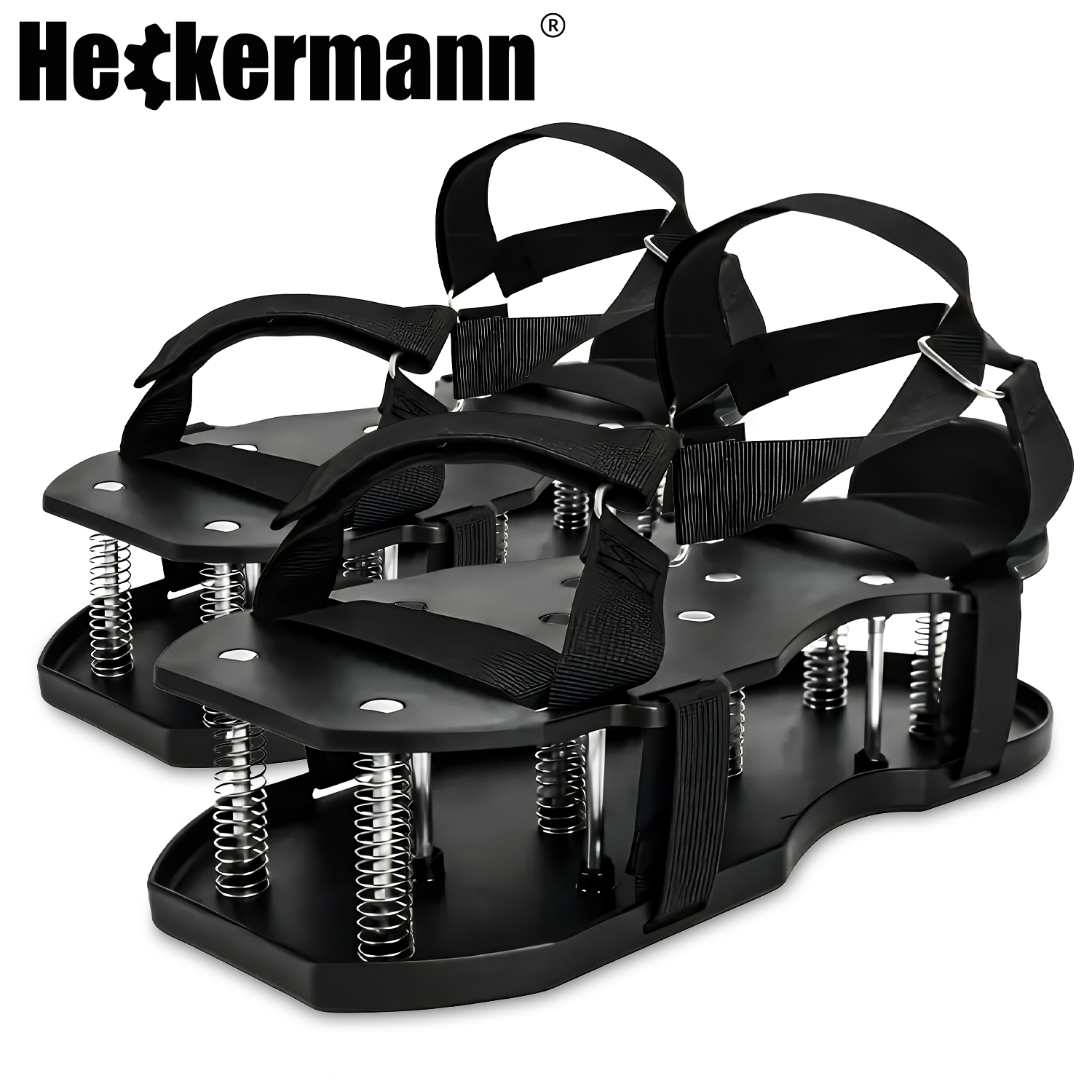 Na obrazie widoczne są dwa czarne aeratory na buty z metalowymi sprężynami i paskami do mocowania. W lewym górnym rogu znajduje się logo \'Heckermann\'.