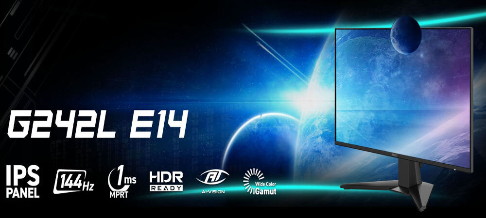 Obraz przedstawia monitor z kosmiczną grafiką na ekranie oraz tekst: \'G242L E14\'. Widoczne są ikony i napisy: \'IPS PANEL\', \'144Hz\', \'1ms MPRT\', \'HDR READY\', \'AVISION\', \'Wide Color Gamut\'.