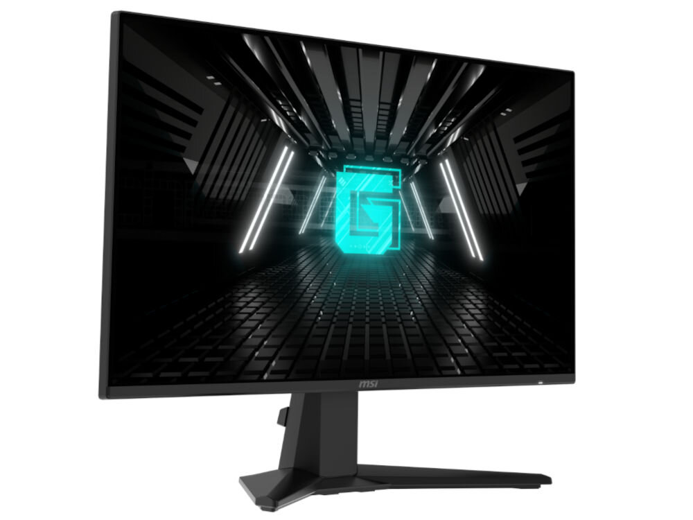 Monitor z cienkimi ramkami, wyświetlający futurystyczną grafikę z dużą literą \'G\' na środku ekranu. Na dolnej ramce widoczne jest logo \'msi\'.