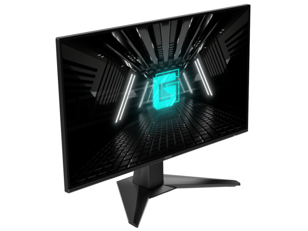 Monitor z wyświetlaczem pokazującym futurystyczną grafikę z literą \'G\' i neonowymi liniami. Monitor stoi na trójkątnej podstawie, a na ramce widoczne jest logo MSI.