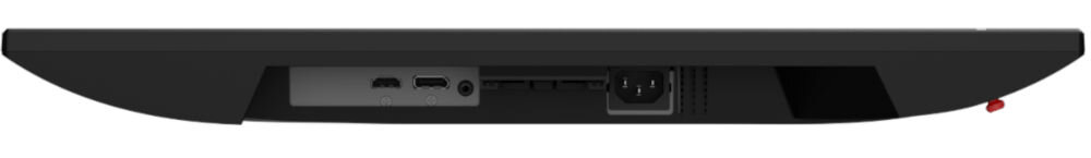 Zdjęcie przedstawia dolną część monitora z widocznymi portami, w tym HDMI, DisplayPort i zasilania.