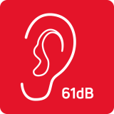 Czerwona ikona z białym konturem ucha i napisem \'61dB\'.