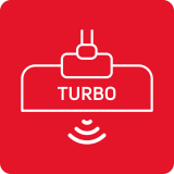 Czerwony kwadrat z białym symbolem odkurzacza i napisem \'TURBO\' oraz falami poniżej.