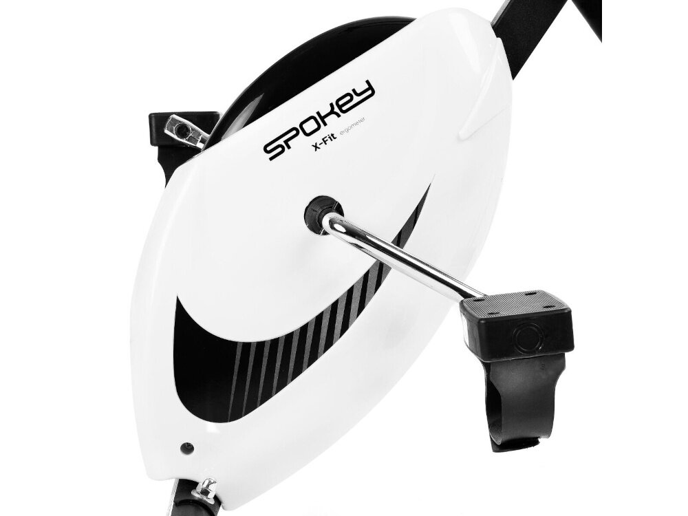 Biały mechanizm roweru z czarnymi elementami i pedałem. Widoczny napis: \'SPOKEY X-Fit\'.