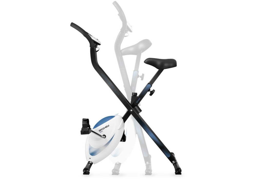 Rower mechaniczny z czarną ramą i białym kołem zamachowym z logo \'SPOKEY\'. Siodło i kierownica są widoczne, a rower jest przedstawiony w pozycji złożonej i rozłożonej.