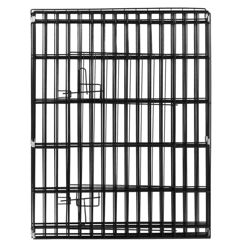 Obraz przedstawia metalowy panel klatki z pionowymi i poziomymi prętami. Panel jest koloru czarnego i posiada zamek w centralnej części.