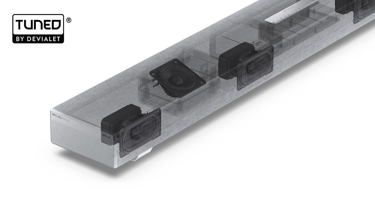 Obraz przedstawia przezroczysty soundbar z widocznymi głośnikami wewnętrznymi. W lewym górnym rogu znajduje się logo \'TUNED BY DEVIALET\'.