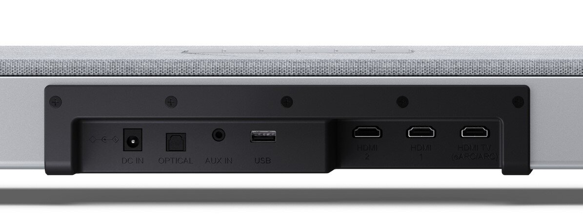 Tył soundbara z widocznymi portami: DC IN, OPTICAL, AUX IN, USB, HDMI 1, HDMI 2, HDMI OUT (TV eARC/ARC).