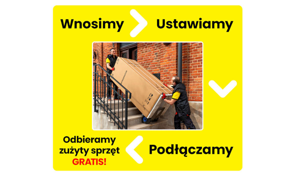Dwóch mężczyzn wnosi duże pudełko po schodach do budynku z cegły. Na żółtym tle wokół zdjęcia znajdują się napisy: \'Wnosimy\', \'Ustawiamy\', \'Podłączamy\', \'Odbieramy zużyty sprzęt GRATIS!\'.
