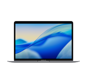 Laptop z wyświetlaczem pokazującym abstrakcyjną grafikę w odcieniach niebieskiego i żółtego. Obudowa jest w ciemnym kolorze, a na górnej krawędzi ekranu widoczne jest logo producenta \'APPLE\'.